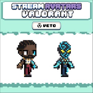 May include: Pixel art avatars for Valorant streams. The image shows two characters, one with dark skin and the other with a blue and black design. The text "STREAM AVATARS VALORANT" and "VETO" are displayed at the top.