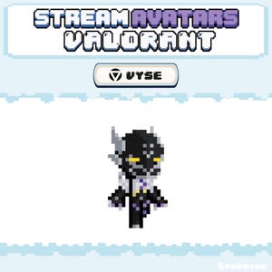 May include: A pixel art character from the video game Valorant. The character is black and white with yellow eyes and is wearing a purple and white outfit. The character is standing on a white background. The text "STREAM AVATARS VALORANT" is at the top of the image. The text "VYSE" is in a button at the bottom of the image.