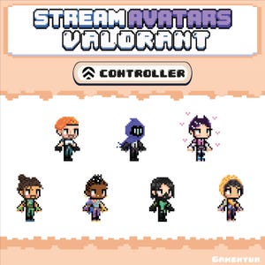 May include: Pixel art image featuring seven different character avatars from the game Valorant. The avatars are in a pixelated style, each with unique outfits and hairstyles. The image includes the text "Stream Avatars Valorant" and "Controller".