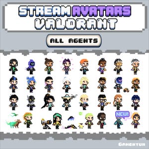 May include: Pixel art graphic featuring multiple character avatars from the game Valorant. The image includes the text "STREAM AVATARS VALORANT" and "ALL AGENTS". Each avatar is a unique design, with various hairstyles and outfits.