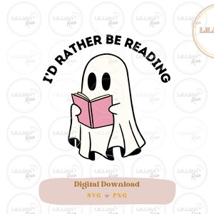 Op de afbeelding: Een witte geest met een roze boek in zijn handen. De geest leest het boek. De tekst "I'd rather be reading" staat in een zwarte cirkel rond de geest.