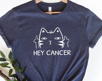 Hey Cancer F U, Cat Middle Finger Breast Cancer Shirt, Pink Ribbon Cancer Warrior tee, Family Cancer Support Tee, Cancer Gifts, Cancer sucks