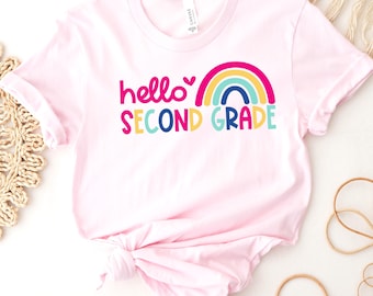 Bonjour chemise de deuxième année : t-shirt de retour à l'école pour professeur, cadeau pour tout-petit pour la première journée d'école