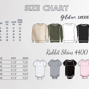 May include: Size chart for Gildan 18000 and Rabbit Skins 4400 apparel. The chart shows measurements in inches for sweatshirts and onesies in various sizes.