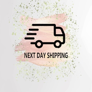 May include: A black and white illustration of a delivery truck with three lines above it, symbolizing speed, on a pink and gold background with gold glitter. The text "NEXT DAY SHIPPING" is below the truck.
