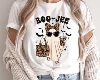 Boo-Jee Ghost Shirt, Girly Halloween sweatshirt, Leopard Ghost Coffee Shirt, Funny Spooky Season Shirt, Halloween Gift for Women