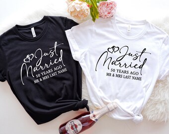 Just Married T-Shirt, Personalized Husband and Wife Couples Honeymoon T-Shirt,  Mr and Mrs Any Name Any Date, Custom name Aniversary gift