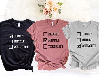 Eldest Middle Youngest Sibling Shirts, Matching Family Photo Tees, Big Brother Sister Christmas Gift