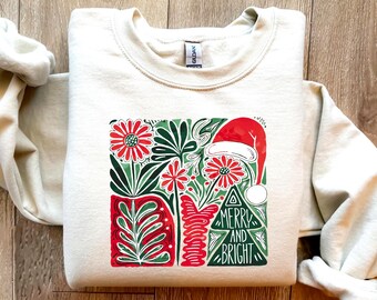 Boho Floral Merry and Bright Sweatshirt – Retro Christmas Crewneck, Colorful Holiday Shirt, Women Winter Gift Idea