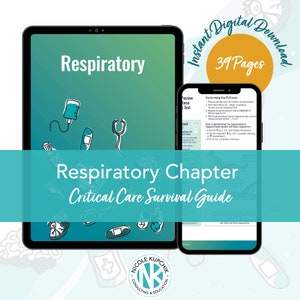 May include: A digital download guide for critical care survival, focusing on the respiratory system. The cover features a green background with medical illustrations and the text "Respiratory Chapter Critical Care Survival Guide".