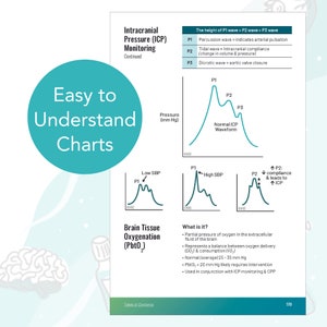 Intracranial pressure ICP monitoring diagram with ICP waveform interpretation — PbtO2 brain tissue oxygenation reference chart for neuro ICU nurses and critical care study.