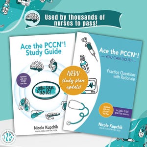 May include: Two nursing study guides titled Ace the PCCN! Study Guide and Ace the PCCN! Practice Questions with Rationale by Nicole Kupchik. The covers feature medical illustrations of organs, a stethoscope, and a syringe on white and blue backgrounds.