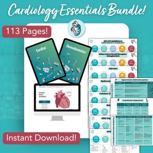 May include: A digital bundle titled "Cardiology Essentials" with the text "113 Pages!" and "Instant Download!" displayed. The image includes diagrams of the heart, medical charts, and the words "Cardiac" and "Hemodynamics".