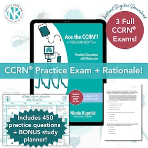 以下が含まれることがあります： CCRN試験対策のデジタルダウンロード。画像は、練習問題と学習資料を表示するタブレットを示しています。450の練習問題、ボーナス学習プランナー、3つの完全なCCRN試験が含まれています。テキストは「Ace the CCRN！」と表示されています。