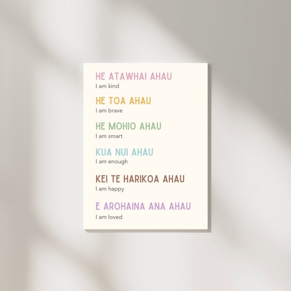 Poster imprimable Te Reo Maori Affirmations. Fichier numérique éducatif néo-zélandais pour les tout-petits et les enfants maoris conçu pour les enfants