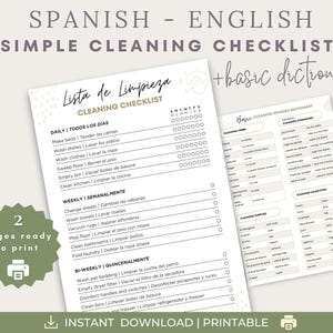 Minimalist Cleaning Checklist Schedule Spanish and English plus Basic Cleaning Spanish Dictionary, Bilingual Home Cleaning Chores, PDF