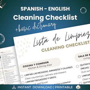 Cleaning Checklist in Spanish and English plus Basic Cleaning Dictionary, Bilingual Home Cleaning Chores, Lista de Limpieza, Housekeeping