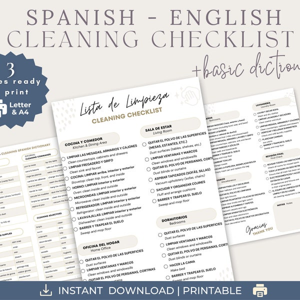 Cleaning Checklist in Spanish and English plus Basic Cleaning Spanish Dictionary, Bilingual Home Cleaning Chores, Lista de Limpieza, PDF