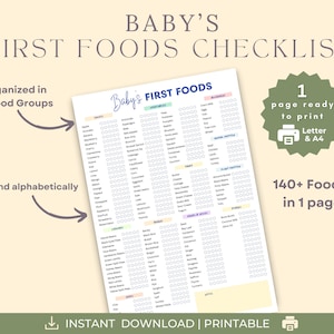 Controlelijst voor baby's eerste voedingsmiddelen, dagboek voor babyvoeding, puree voor babyvoeding, door baby geleid spenen, 100 voedselgrafieken, tracker voor vast voedsel voor baby's, printbaar, pdf