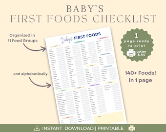 Lista di controllo dei primi alimenti per bambini, Diario degli alimenti per bambini, Puree di alimenti per bambini, Svezzamento guidato dal bambino, Tabella dei 100 alimenti, Tracker degli alimenti solidi per bambini stampabile, pdf