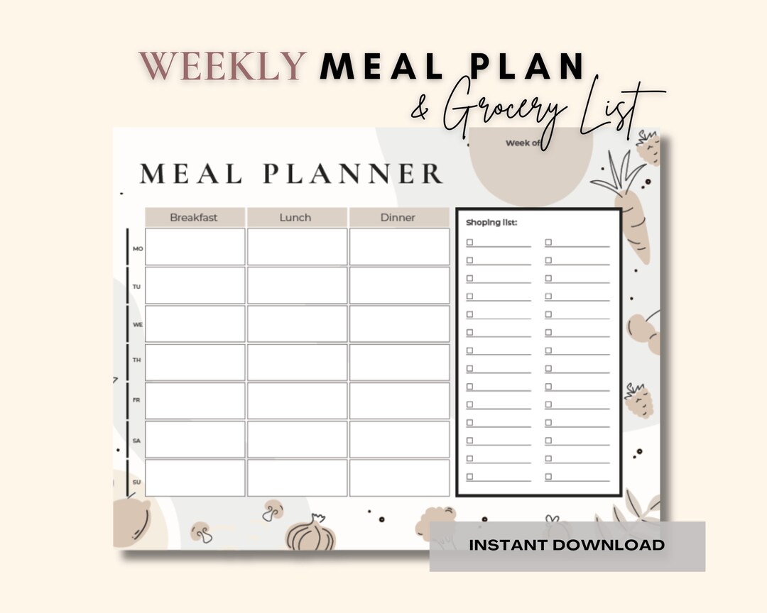 Weekly Meal Plan and Grocery List | Instant Download | 1 Page ...