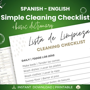 Minimalist Cleaning Checklist Schedule Spanish English plus Basic Cleaning Spanish Dictionary, Bilingual Home Cleaning Chores, Housekeeping