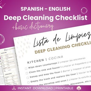Deep Cleaning Checklist Schedule Spanish English plus Basic Cleaning Spanish Dictionary, Bilingual Full Home Cleaning Chores, Housekeeping