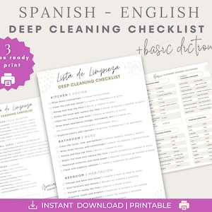 Deep Cleaning Checklist Schedule Spanish and English plus Basic Cleaning Spanish Dictionary, Bilingual Full Home Cleaning Chores, PDF