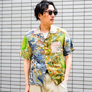 One-of-a-Kind Japanese Vintage Kimono Aloha Shirt with Pink Collar and Crazy Patchwork Pattern – Handmade Artisan Piece