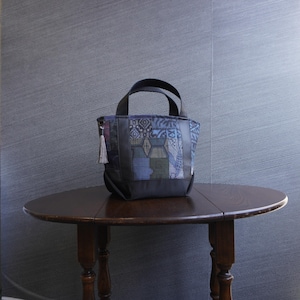 One-of-a-Kind Kimono Patchwork Mini Tote Bag – Japanese Upcycled Kimono Bag with Genuine Cow Leather, Handmade Tote Bag K185