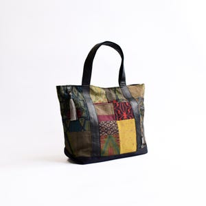 One-of-a-Kind Patchwork Tote Bag /Oshima tsumugi silk × Genuine Cowhide Leather