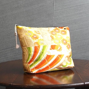 One-of-a-Kind Japanese Obi Pouch Orange, Fresh Green & Soft Blue Floral Pattern with Gold Thread / Handmade in Japan