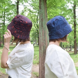 One-of-a-Kind Oshima Tsumugi Reversible Bucket Hat – Japanese Kimono Upcycled Hat, Hemp Leaf Pattern, Navy Blue K051