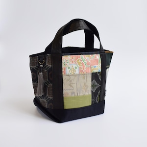 One-of-a-Kind Kimono Patchwork Tote Bag, Black Japanese Silk & Lamb Leather, Modern Wabi-Sabi Mini Tote, Handmade