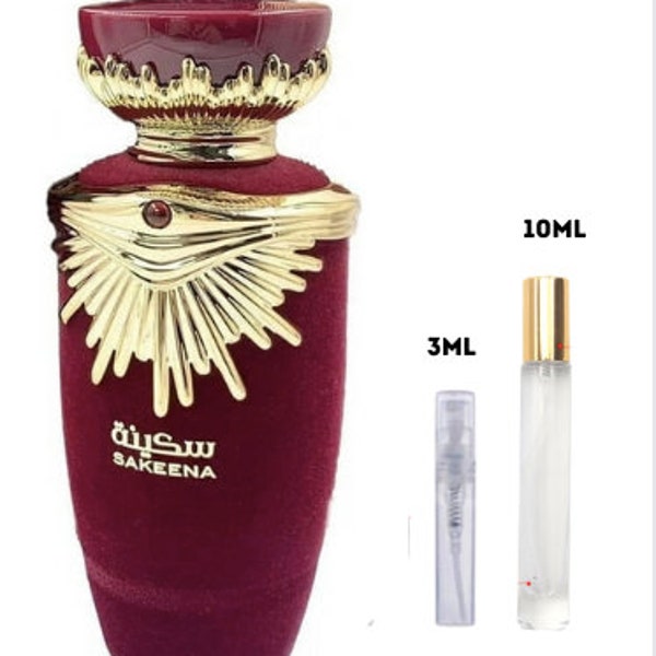 Sakeena by Lattafa 3ml, 10ml sample, perfume decant. Travel size bottle filled with authentic Middle Eastern Fragrance.