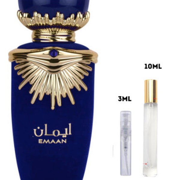 Emaan by Lattafa 3ml, 10ml sample, perfume decant. Travel size bottle filled with authentic Middle Eastern Fragrance.