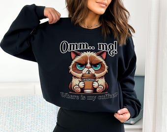 Omm..mg! Where is my coffee? Grumpy Cat Sweater, Funny Cat Sweatshirt, Yoga Cat tee, Coffee Lover top, Meditating Cat top, Yoga Lover Gift,