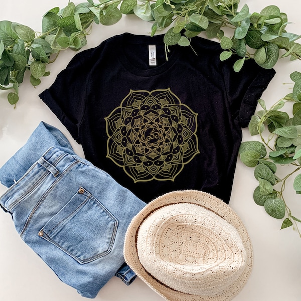 Golden Om Mandala T-shirt, Boho shirt, Hindu Symbol Shirt For Yogi Meditation top New Age tee Boho Spirituality Shirt Unisex Yoga Hippie top