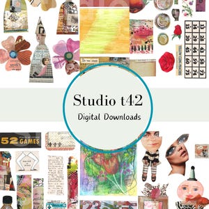 Floral Circus Collage Fodder Set Quirky Girls Flowers Backgrounds Embellishments Vintage Colorful Fun Mixed Media Elements