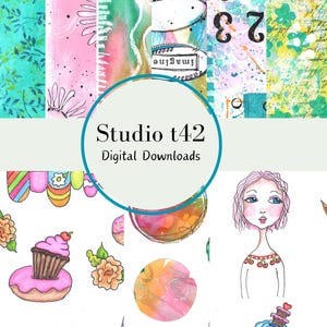 Pode incluir: Conjunto de downloads digitais de ilustrações coloridas que incluem um cupcake, donuts, flores e personagens caprichosos. As ilustrações são em estilo aquarela e têm um toque vintage. O texto "Studio t42 Downloads digitais" é exibido no centro da imagem.