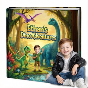 Peut inclure: Un livre pour enfants intitulé "Ethan's Dino Adventures". La couverture présente une illustration colorée d'une forêt avec des dinosaures et un enfant. Le titre est bien visible sur la couverture.