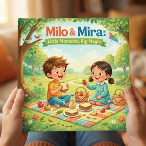 Pode incluir: Um livro infantil intitulado "Milo & Mira: Little Moments, Big Magic" nas mãos de uma pessoa. A capa apresenta uma cena de piquenique com duas crianças de desenho animado, sanduíches, frutas e uma pipa. A ilustração é colorida e fantasiosa.