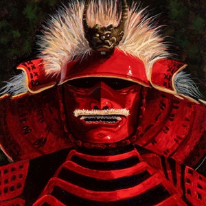 Puede incluir: Un guerrero samurái rojo con un casco con una pluma blanca y una armadura roja y negra. La cara del guerrero está oculta por una máscara roja.