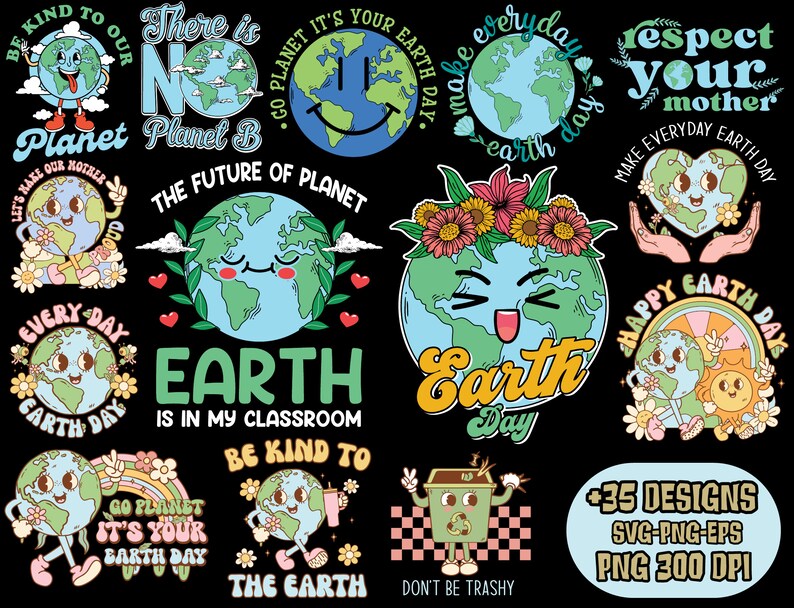 Earth Day Bundle PNG, Earth Day 22 april PNG, Retro Characters Png, Support Planet, Groovy Retro, Funny Earth PNG, Save the Ocean, Earth Day afbeelding 1