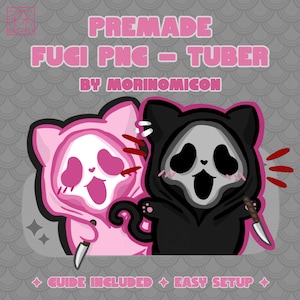 Może przedstawiać: Cyfrowa ilustracja dwóch postaci z kreskówek w różowych i czarnych kostiumach z kapturem, z których każda trzyma nóż. Różowa postać ma białą twarz, a czarna postać ma szarą twarz. U góry widnieje napis "PREMADE FUGI PNG - TUBER".