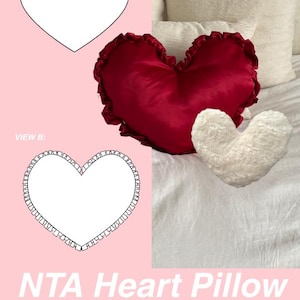 May include: A red heart-shaped cushion with frilled edges and a small white heart-shaped cushion. The image also shows a sewing pattern for a heart cushion, with the text "NTA Heart Pillow" and "PDF Printable Sewing Pattern".