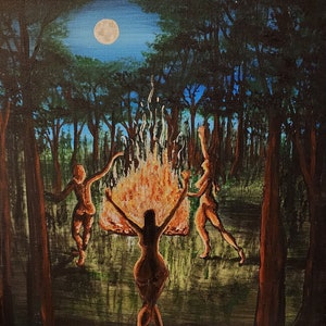 May include: An acrylic painting depicts three figures dancing around a bonfire in a forest at night. The full moon shines in the dark blue sky above the trees. The figures are nude and have brown skin.