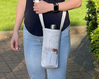 Hand embroidered water bottle bag with pockets Adjustable crossbody strap gift for mom birthday gift for her appreciation gift walking bag