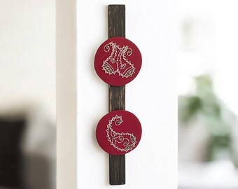 Interior design wall art wooden decor paisley  boho  decoration housewarming gift living room  burgundy wall hanging hand embroidered