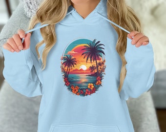 Tropischer Sonnenuntergang Hoodie, Strand Palmen Grafik-Sweatshirt, lebendige Sommerferien Kleidung